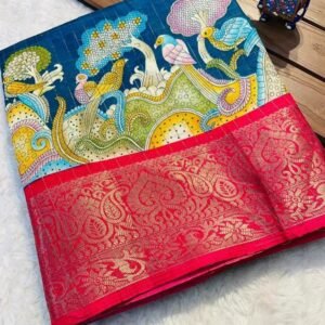 New Kalamkari Printed Rama With Red Pallu Saree