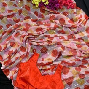 New launch Digital Printed Sequence Work Georgette Saree With Unstitched Blouse