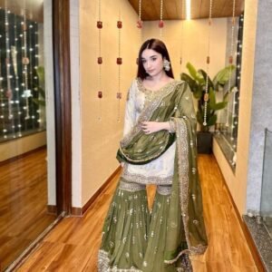 New Launching Party Wear Heavy Embroidery Work Chinon Sharara Suits