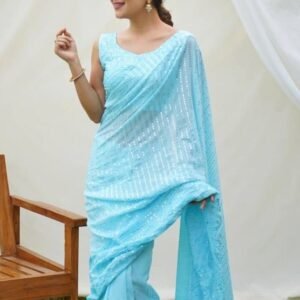 New Launching Superb Soft Refined Georgette Blue Silk Saree With Lucknowi Work