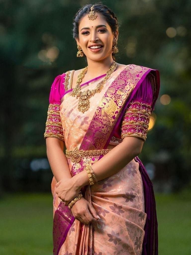 new lichi silk peach saree wit 1727342122 New Lichi Silk Peach Saree With Jacquard Work