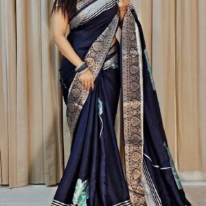 New Light Weight Pure Dola Silk Navy Blue Saree For Women