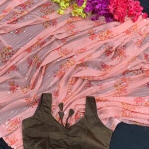 New Look Peach Sequence Work Saree With Digital Print