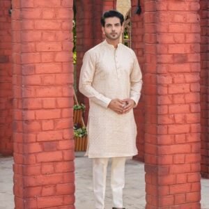 New Mens Wear Collection Cream Silk Kurta With Pajama Set