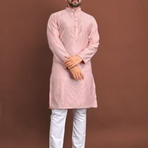 New Mens Wear Pink Jacquard Silk Kurta Pajama