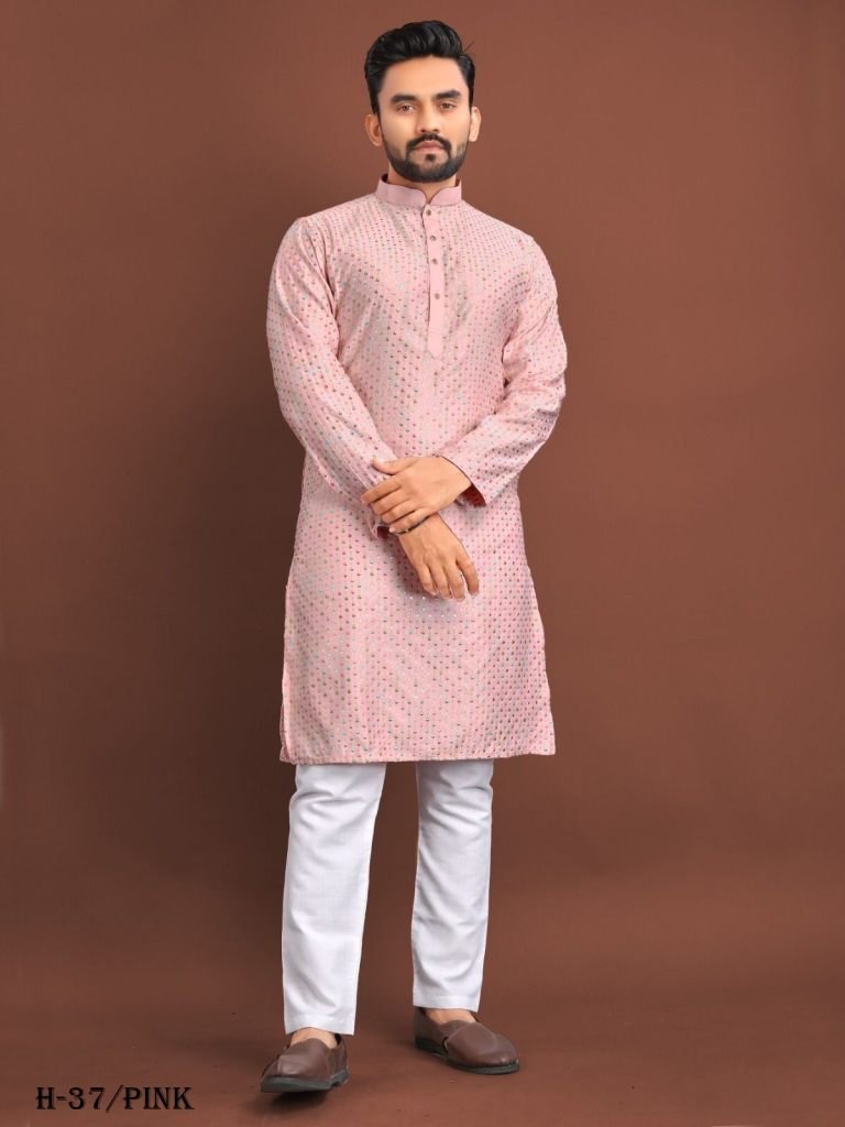 new mens wear pink jequard sil 1723207518 New Mens Wear Pink Jacquard Silk Kurta Pajama