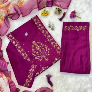 New Muslin Dark Pink Hand Work Kurti Pant Set