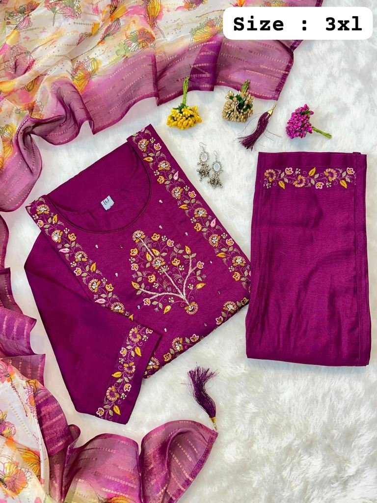 new muslin dark pink hand work 1728456159 New Muslin Dark Pink Hand Work Kurti Pant Set