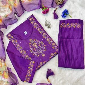 New Muslin Dark Purple Hand Work Kurti Pant Set