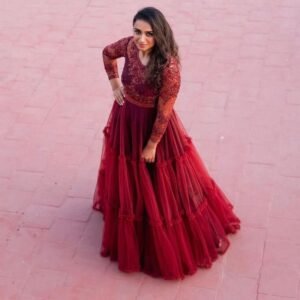 New Net Red Ruffles Gowns Dupatta With Emrodery Work