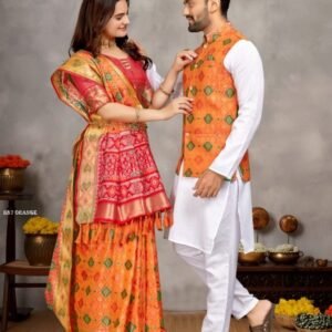 New Orange Couple Combo Saree With Kurta Set