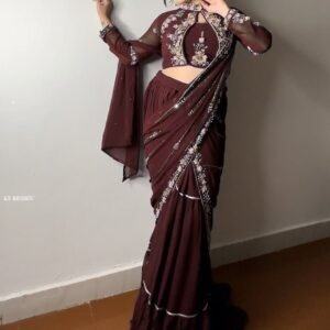 New Party Wear Maroon Lehenga Saree With Blouse
