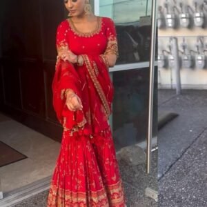 New Party Wear Look Cotton Red Suit Sharara and Dupatta