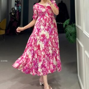 New Pink Floral Rayon One Piece Dress