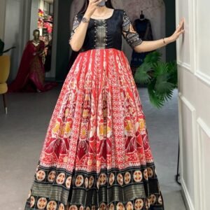 New Printed Dola Silk Red Gown With Zari Border