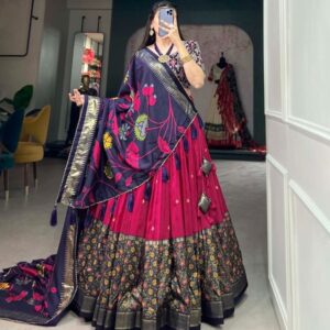 New Printed Pink Tussar Silk Navratri Lehenga Choli