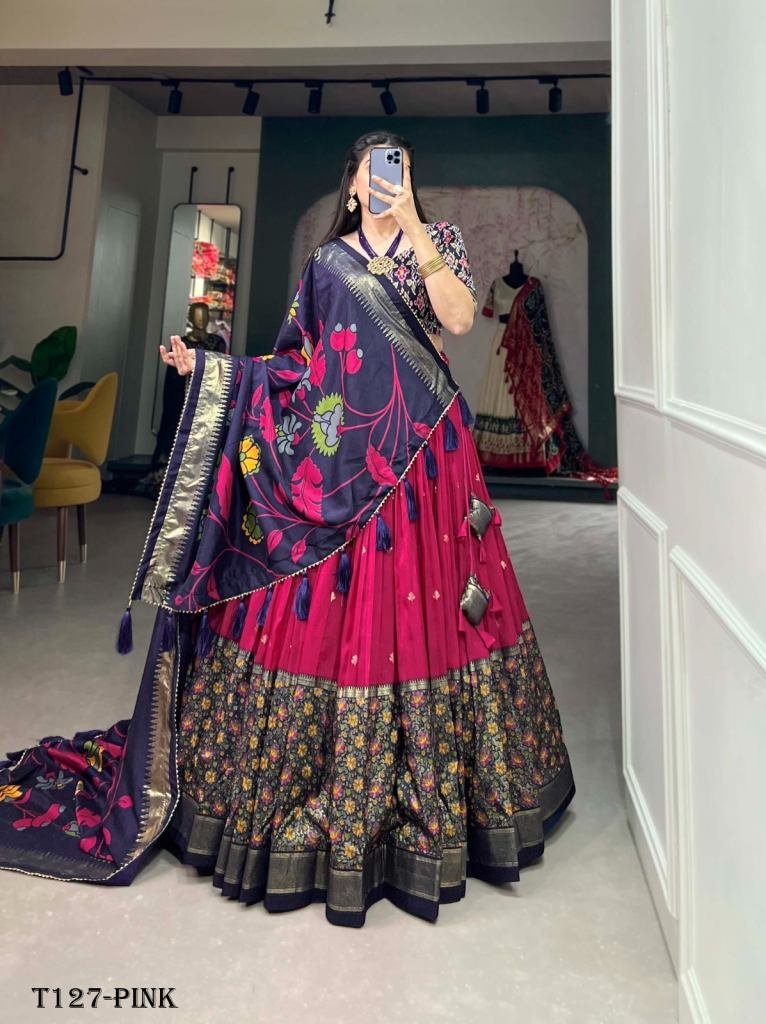 new printed pink tussar silk l 1719055837 New Printed Pink Tussar Silk Navratri Lehenga Choli