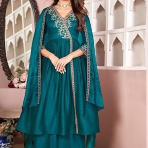 Vichitra Silk Embroidery Work Kurti Palazzo Set With Dupatta