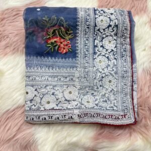 New Rama Organza Silk Saree With Chikankari Work