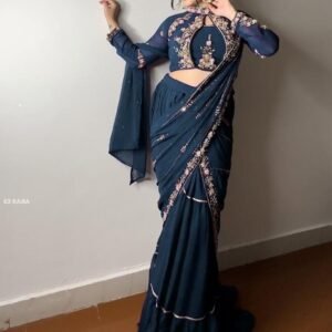 New Rama Saree With Embroidery Work Mirror Work