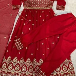 New Red Georgette With Design Kurti Pant Dupatta Set