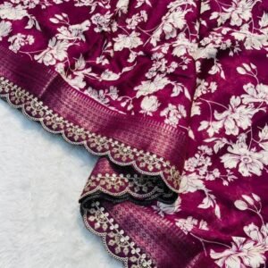 New Scallop Maggam work Purple Wine Crepe Saree