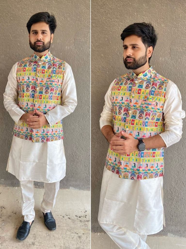 new silk white kurta pyjama an 1729074050 New Silk White Kurta Pyjama And Koti