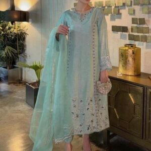Skyblue Traditional 3 Piece Long Kurti With Bottom And Dupatta