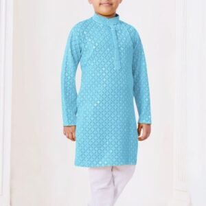New Stylish Kids Sky Blue Rayon Chikankari Kurta And Pyjama Set
