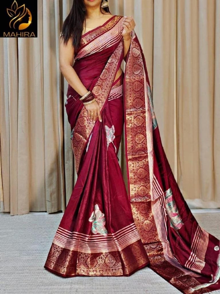 new trendy maroon light weight 1746701615 New Trendy Maroon Light Weight Flower Printed Dola Silk Saree