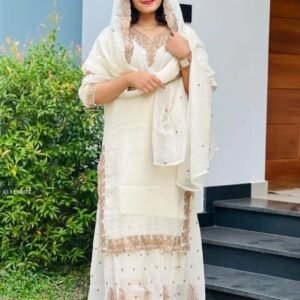 New White Festive Wear Silk Top Sharara With Dupatta