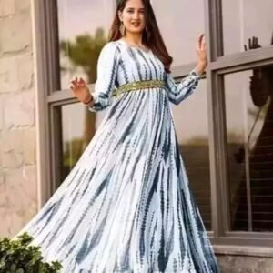 New White With Blue Flower Print Maxi Dress With Belt