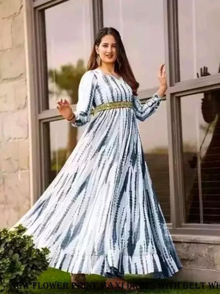 new white with blue flower pri 1717408363 New White With Blue Flower Print Maxi Dress With Belt
