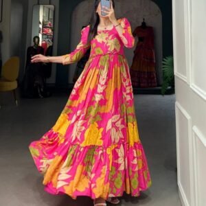 New Women Wear Pink Georgette Short Sleev Gown