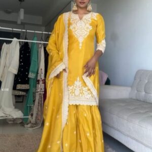 New Yellow Chinon Silk Sharara Set With Sequence Work