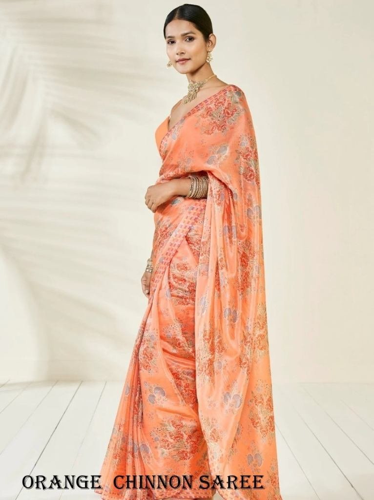 nimki 8 orange chinnon party w 1717065966 Nimki 8 Orange Chinnon Party Wear Digital Printed Saree