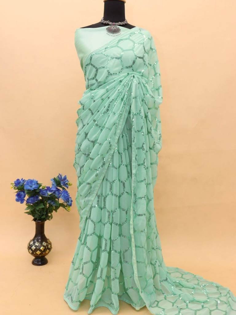 niyati 3 pista green georgette 1711607994 Niyati 3 Pista Green Georgette Sequence Work Saree