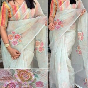 Off White 3D Digital Printed Soft Organza Saree With Sequence Work