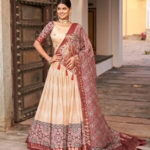Off White Ajarakh Printed Tussar Silk Lehenga Choli