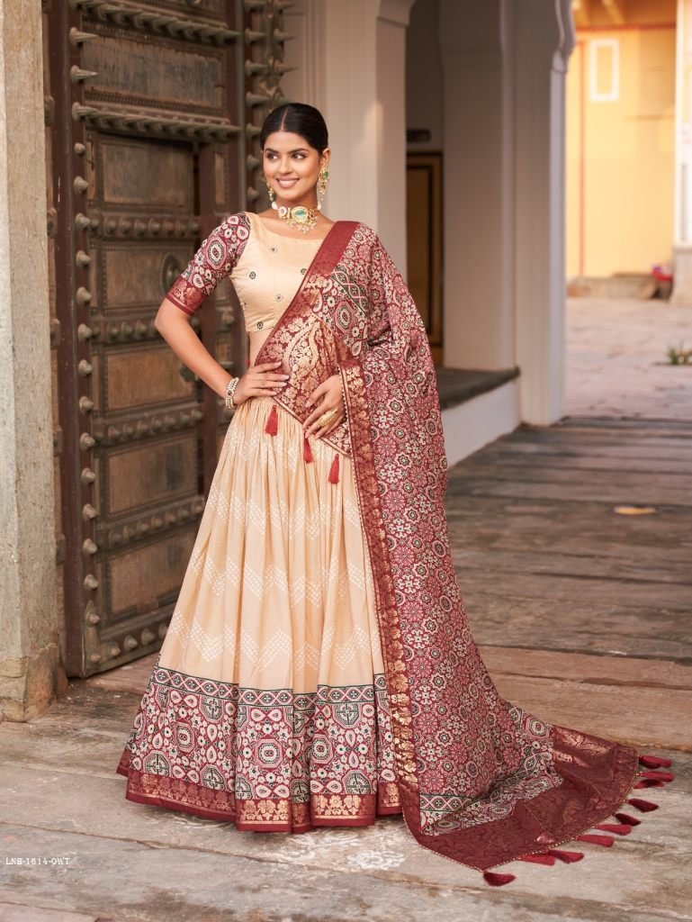 off white ajarakh printed tuss 1712921629 Off White Ajarakh Printed Tussar Silk Lehenga Choli