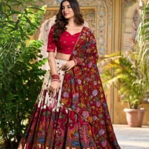 Off White Kalamkari Print Tussar Silk Lehenga Choli With Gota Patti Border Dupatta