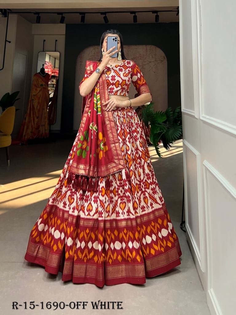 off white patola printed tussa 1717743742 Off White Patola Printed Tussar Silk Lehenga choli