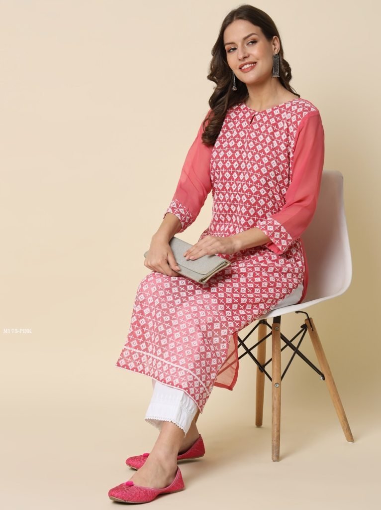 office wear pink chikankari ku 1766227062 Office Wear Pink Chikankari Kurti Pant Set