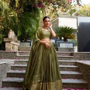 Olive Green Designer Lehenga Choli with Gold Zari Border Dupatta
