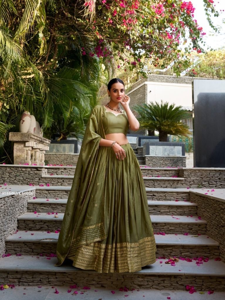 olive green designer lehenga c 1766567806 Olive Green Designer Lehenga Choli with Gold Zari Border Dupatta