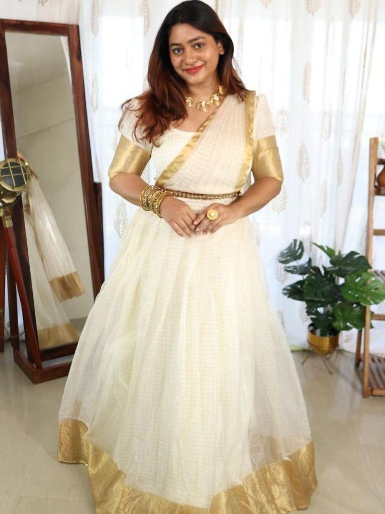 onam festive wear soft organza 1753960703 Onam Festive Wear Soft Organza Golden Border Lehenga With Blouse