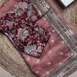 Onion Bollywood Style Thread And Sequence Work Organza Silk Saree