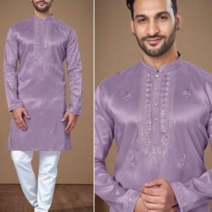 Onion Heavy Embroidery Work Silk Men Kurta With Payjama