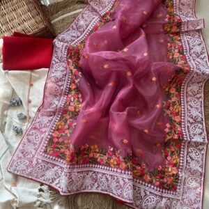 Onion Pink Embroidery Work Organza Silk Saree
