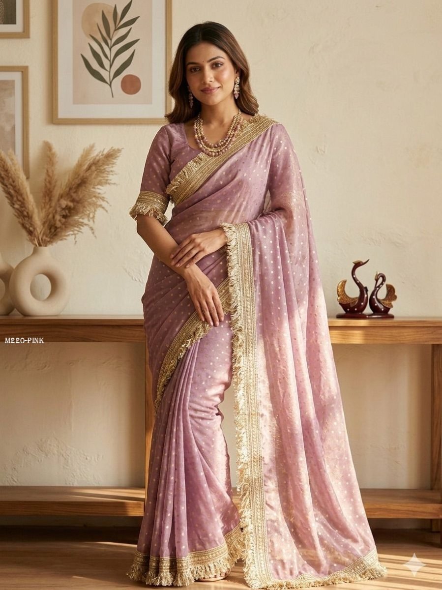 onion pink gold butti saree wi 1773219929 Onion Pink Gold Butti Saree With Tassel Border